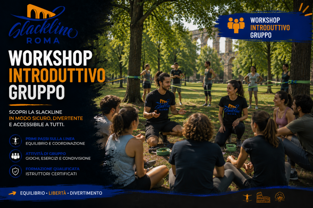 Workshop introduttivo di slackline a Roma con istruttori e gruppo di partecipanti in un parco.