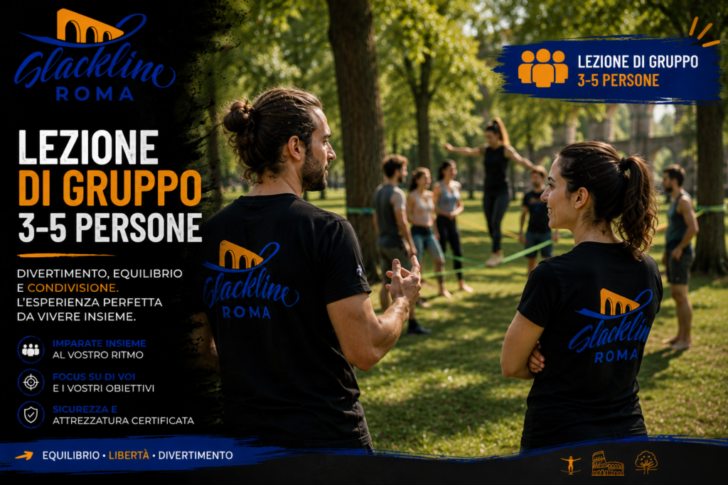 Lezione di gruppo di slackline a Roma con istruttori Slackline Roma e partecipanti in un parco.