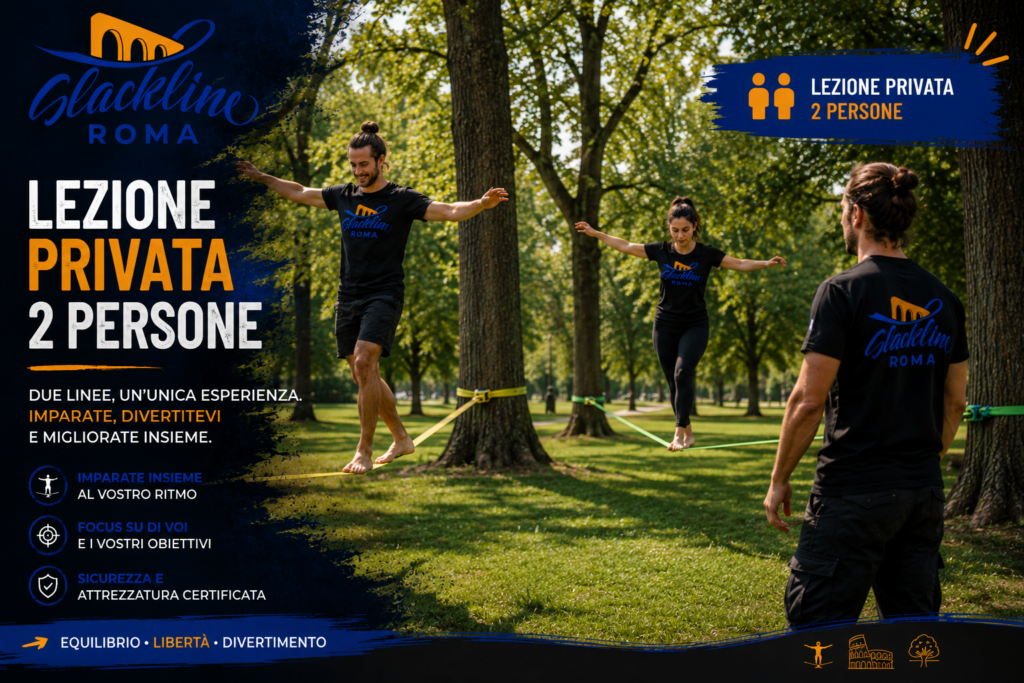 Lezione privata di slackline a Roma per due persone, con istruttore e due linee montate in un parco.