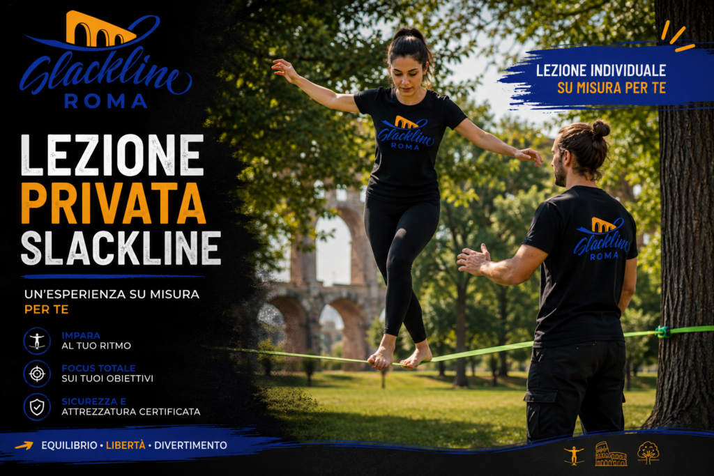 Lezione individuale di slackline a Roma con istruttore Slackline Roma in un parco.